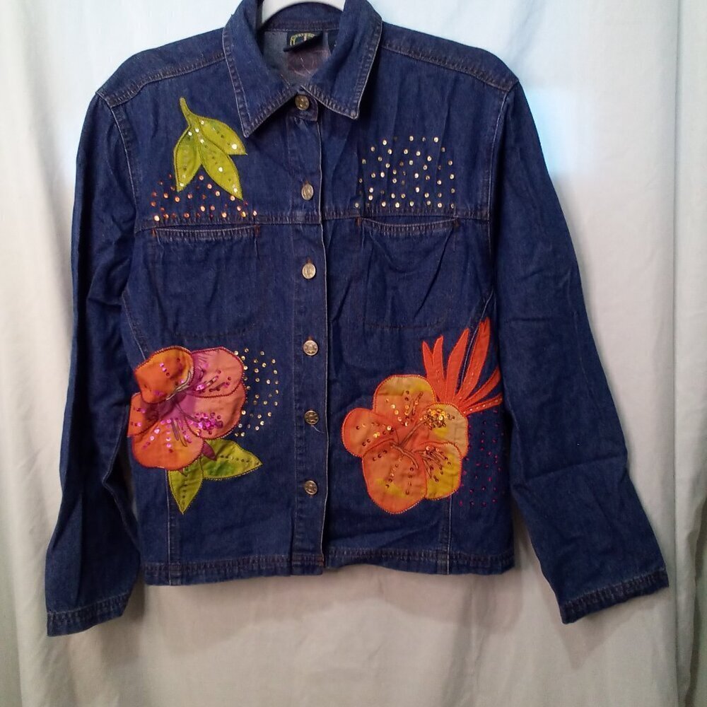 Lighthouse Apparel Jacket Women M Denim Flower Patches Sequins Button Up - Picture 2 of 15